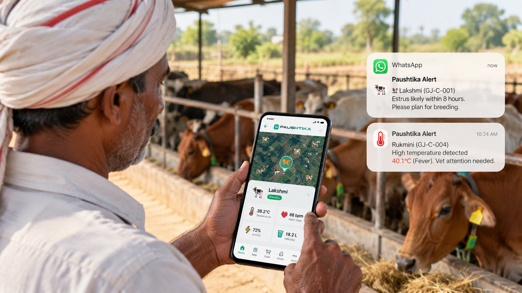 Farmer checking cattle status on the Paushtika mobile app