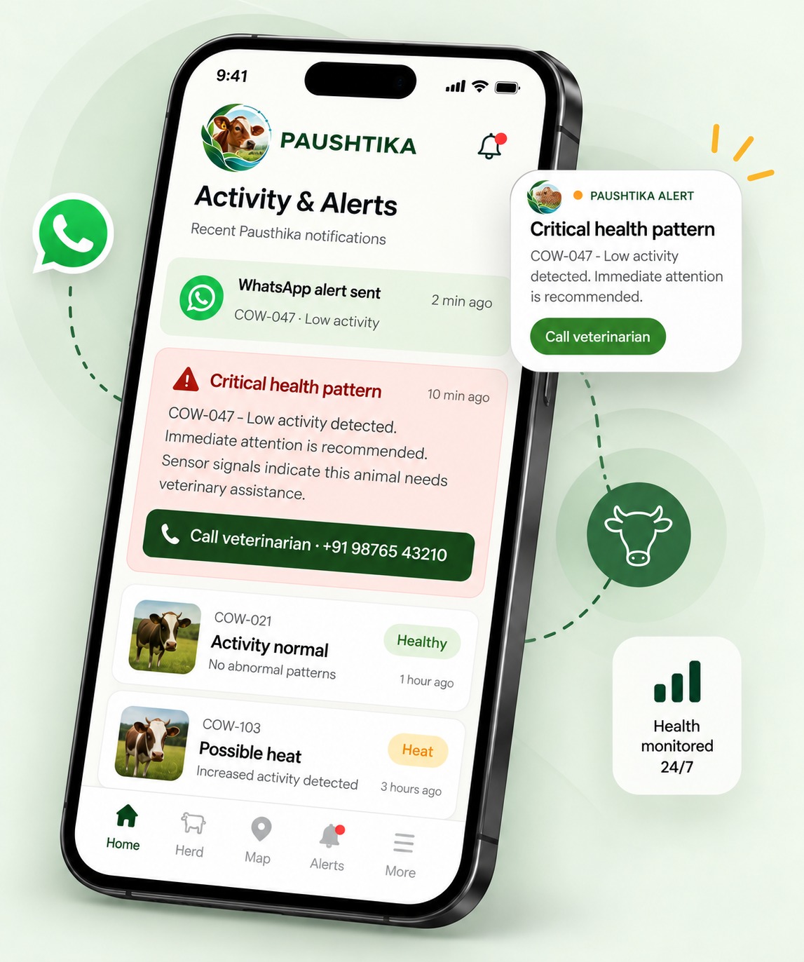 Paushtika activity and critical cattle health alerts on a smartphone
